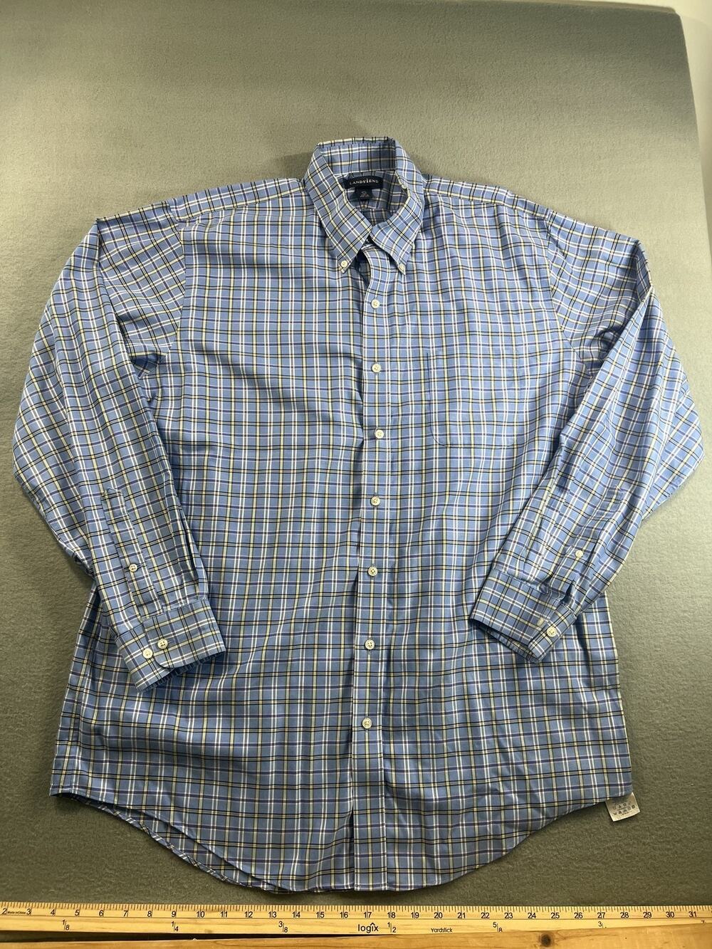 Lands' End Men's Blue Plaid Long Sleeve Shirt Size 17.5 36-37 Tall